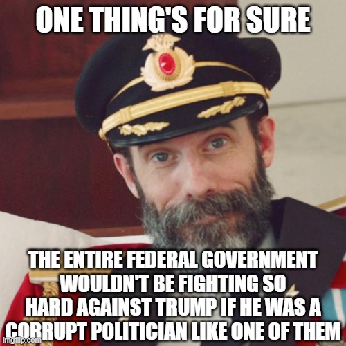 Captain Obvious | ONE THING'S FOR SURE; THE ENTIRE FEDERAL GOVERNMENT WOULDN'T BE FIGHTING SO HARD AGAINST TRUMP IF HE WAS A CORRUPT POLITICIAN LIKE ONE OF THEM | image tagged in captain obvious | made w/ Imgflip meme maker