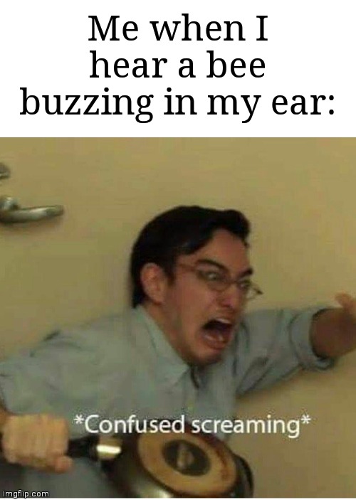 Bees get curious tbh | Me when I hear a bee buzzing in my ear: | image tagged in confused screaming,memes,funny,bee movie | made w/ Imgflip meme maker