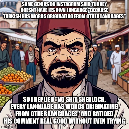 ai richard | SOME GENIUS ON INSTAGRAM SAID TURKEY DOESNT HAVE ITS OWN LANGUAGE "BECAUSE TURKISH HAS WORDS ORIGINATING FROM OTHER LANGUAGES"; SO I REPLIED "NO SHIT SHERLOCK, EVERY LANGUAGE HAS WORDS ORIGINATING FROM OTHER LANGUAGES" AND RATIOED HIS COMMENT REAL GOOD WITHOUT EVEN TRYING | image tagged in ai richard | made w/ Imgflip meme maker