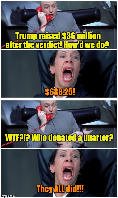 Meanwhile, at the DNC... | Trump raised $36 million after the verdict! How'd we do? $638.25! WTF?!? Who donated a quarter? They ALL did!!! | image tagged in dr evil and frau yelling | made w/ Imgflip meme maker
