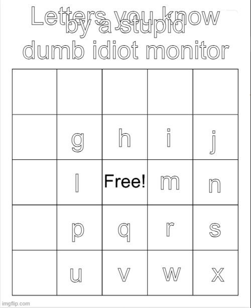 Minimum blanks for no theoretical bingoes. tell me if I'm wrong. | by a stupid dumb idiot monitor; Letters you know; h; j; i; g; m; n; l; p; s; r; q; u; x; v; w | image tagged in blank bingo | made w/ Imgflip meme maker