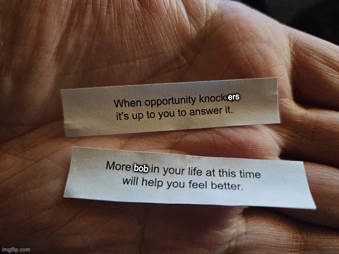 When opportunity knockers | ers; bob | image tagged in bobs,fortune cookie | made w/ Imgflip meme maker