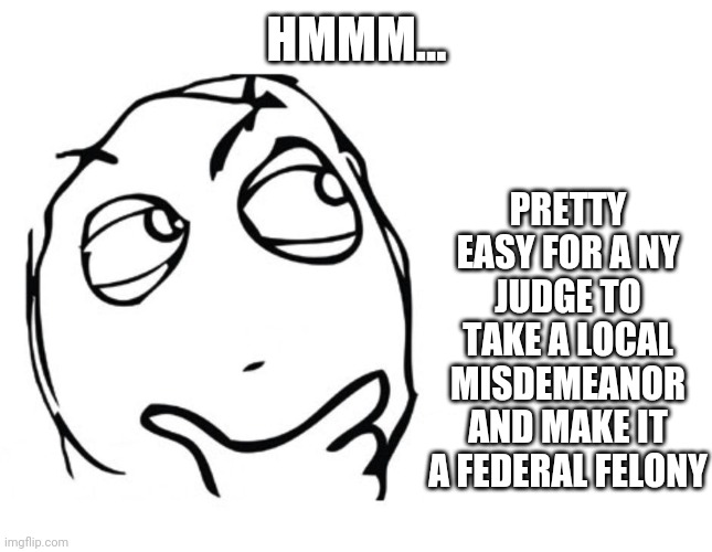 hmmm | HMMM... PRETTY EASY FOR A NY JUDGE TO TAKE A LOCAL MISDEMEANOR AND MAKE IT A FEDERAL FELONY | image tagged in hmmm | made w/ Imgflip meme maker