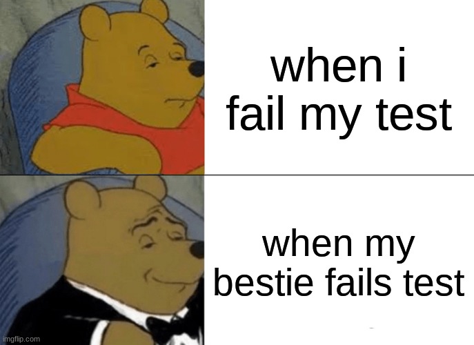 test | when i fail my test; when my bestie fails test | image tagged in memes,tuxedo winnie the pooh | made w/ Imgflip meme maker
