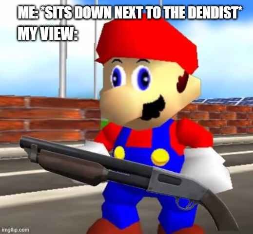 Ouch! | ME: *SITS DOWN NEXT TO THE DENDIST*; MY VIEW: | image tagged in smg4 shotgun mario | made w/ Imgflip meme maker