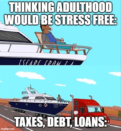 Meme | THINKING ADULTHOOD WOULD BE STRESS FREE:; TAXES, DEBT, LOANS: | image tagged in bojack horseman on his boat | made w/ Imgflip meme maker