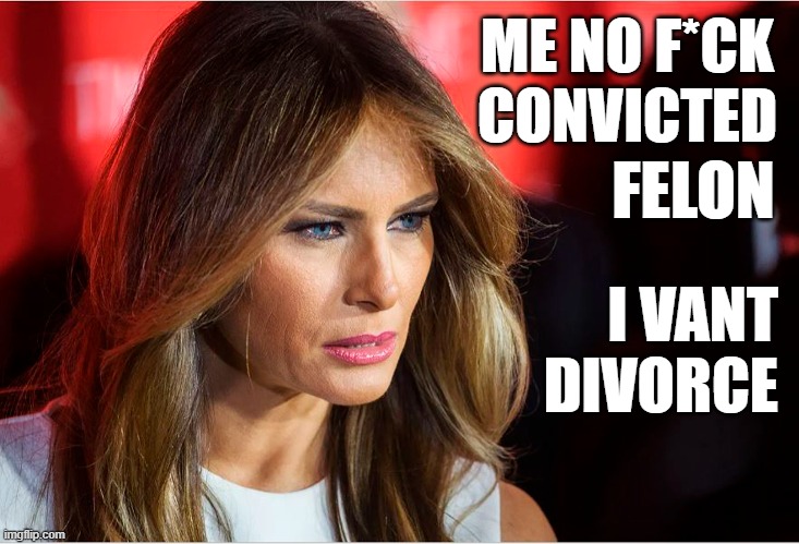 Melania Trump reacts to Donald's guilty verdict! | ME NO F*CK
CONVICTED; FELON; I VANT
 DIVORCE | image tagged in melania trump,donald trump,convicted felon,divorce | made w/ Imgflip meme maker