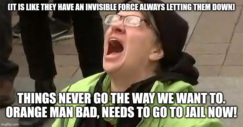 crying liberal | (IT IS LIKE THEY HAVE AN INVISIBLE FORCE ALWAYS LETTING THEM DOWN) THINGS NEVER GO THE WAY WE WANT TO. ORANGE MAN BAD, NEEDS TO GO TO JAIL N | image tagged in crying liberal | made w/ Imgflip meme maker