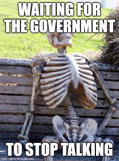 Waiting Skeleton Meme | WAITING FOR THE GOVERNMENT; TO STOP TALKING | image tagged in memes,waiting skeleton | made w/ Imgflip meme maker