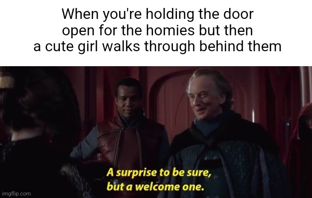 A Surprise to be sure | When you're holding the door open for the homies but then a cute girl walks through behind them | image tagged in a surprise to be sure | made w/ Imgflip meme maker