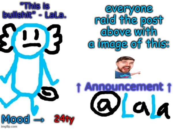 New another stupid lala temp version idfk | everyone raid the post above with a image of this:; 24ty | image tagged in new another stupid lala temp version idfk | made w/ Imgflip meme maker
