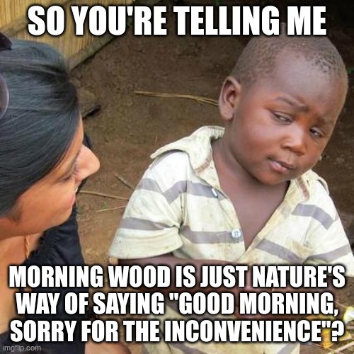 Third World Skeptical Kid Meme | SO YOU'RE TELLING ME; MORNING WOOD IS JUST NATURE'S WAY OF SAYING "GOOD MORNING, SORRY FOR THE INCONVENIENCE"? | image tagged in memes,third world skeptical kid,goofy | made w/ Imgflip meme maker