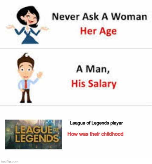 lol player childhood | League of Legends player; How was their childhood | image tagged in never ask a woman her age | made w/ Imgflip meme maker
