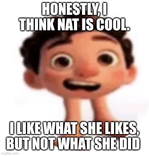 Yeah ... I do | HONESTLY, I THINK NAT IS COOL. I LIKE WHAT SHE LIKES, BUT NOT WHAT SHE DID | image tagged in cursed luca | made w/ Imgflip meme maker