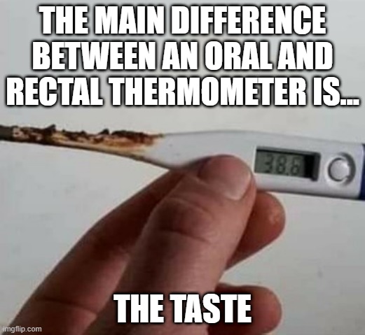 Thermometer | THE MAIN DIFFERENCE BETWEEN AN ORAL AND RECTAL THERMOMETER IS... THE TASTE | image tagged in dookie meter | made w/ Imgflip meme maker