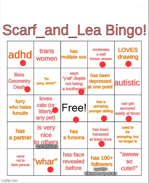 Scarf_and_Lea Bingo | sometimes; had 300+ followers on my old acc | image tagged in scarf_and_lea bingo | made w/ Imgflip meme maker