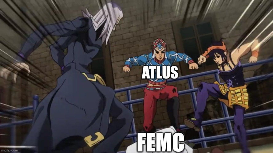 FeMC Meme | ATLUS; FEMC | image tagged in jojo gang beating up | made w/ Imgflip meme maker