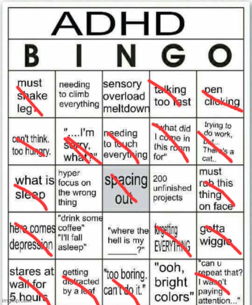 Yippee I learned I has adhd a while ago | image tagged in adhd bingo | made w/ Imgflip meme maker