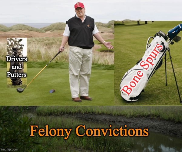 Check the baggage to see why he's so much over par on convictions! | Drivers
and
Putters; Bone Spurs; Felony Convictions | image tagged in trump golfing,swamps,bone spurs,trump,crime | made w/ Imgflip meme maker