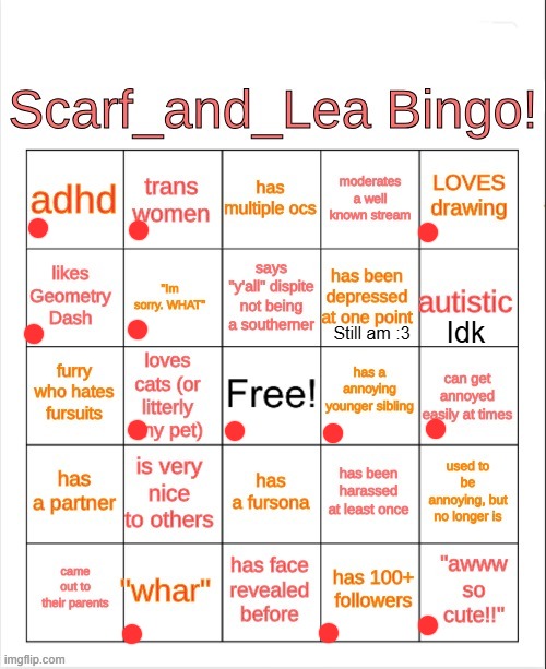 Um yeah | Idk; Still am :3 | image tagged in scarf_and_lea bingo | made w/ Imgflip meme maker