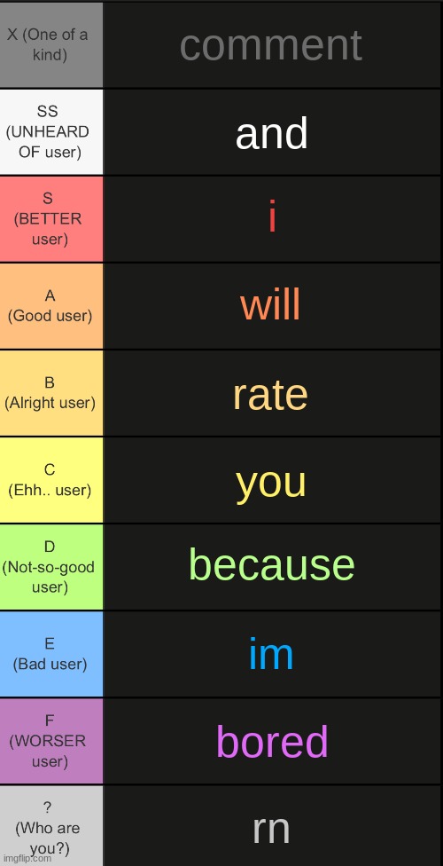 tierlist v2 | comment; and; i; will; rate; you; because; im; bored; rn | image tagged in tierlist v2 | made w/ Imgflip meme maker