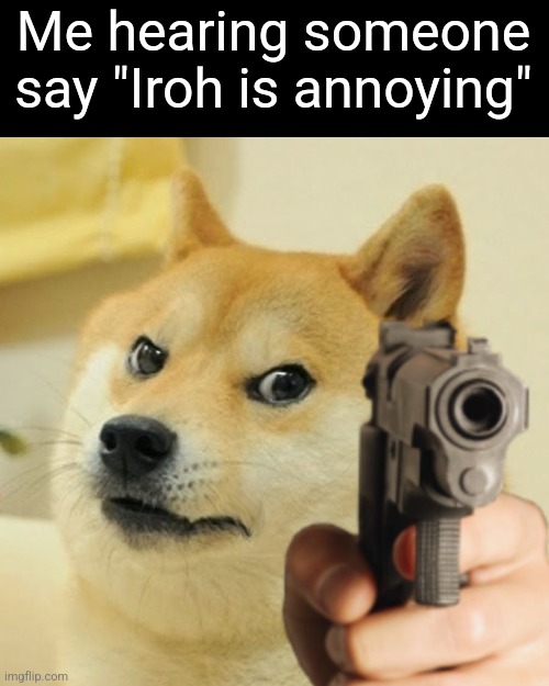 Doge holding a gun | Me hearing someone say "Iroh is annoying" | image tagged in doge holding a gun | made w/ Imgflip meme maker