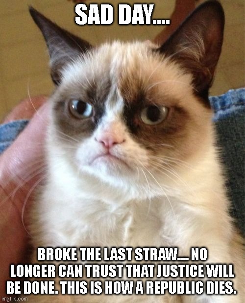 Hard day | SAD DAY.... BROKE THE LAST STRAW.... NO LONGER CAN TRUST THAT JUSTICE WILL BE DONE. THIS IS HOW A REPUBLIC DIES. | image tagged in memes,grumpy cat,republic,lies,broken | made w/ Imgflip meme maker