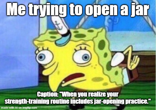 Mocking Spongebob | Me trying to open a jar; Caption: "When you realize your strength-training routine includes jar-opening practice." | image tagged in memes,mocking spongebob | made w/ Imgflip meme maker