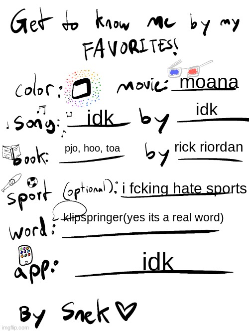 all bout moi | moana; idk; idk; rick riordan; pjo, hoo, toa; i fcking hate sports; klipspringer(yes its a real word); idk | image tagged in get to know me by my favorites | made w/ Imgflip meme maker