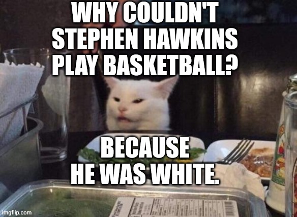 Smudge that darn cat | WHY COULDN'T STEPHEN HAWKINS PLAY BASKETBALL? BECAUSE HE WAS WHITE. | image tagged in smudge that darn cat | made w/ Imgflip meme maker