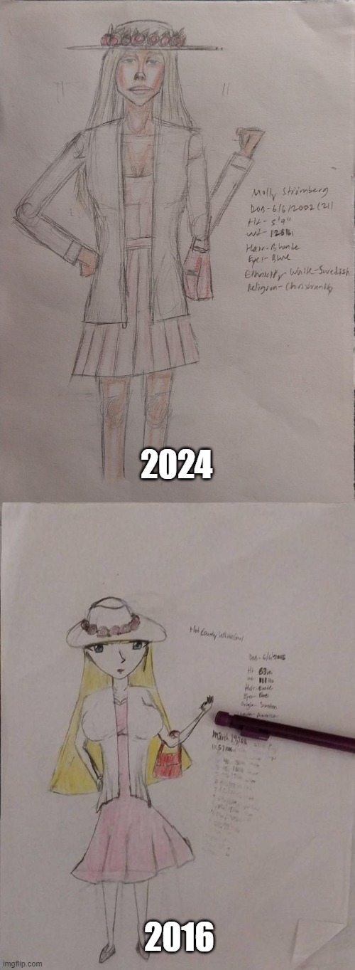 8 Year Art Improvement (2024 vs 2016) | 2024; 2016 | image tagged in art,drawings,coloredpencils,farmgirl,swedish,redraw | made w/ Imgflip meme maker