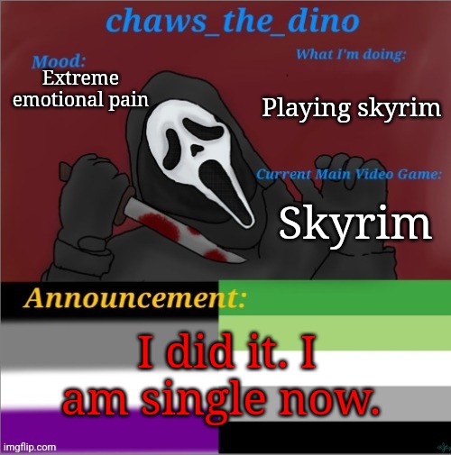I will probably regret this | Playing skyrim; Extreme emotional pain; Skyrim; I did it. I am single now. | image tagged in chaws_the_dino announcement temp | made w/ Imgflip meme maker