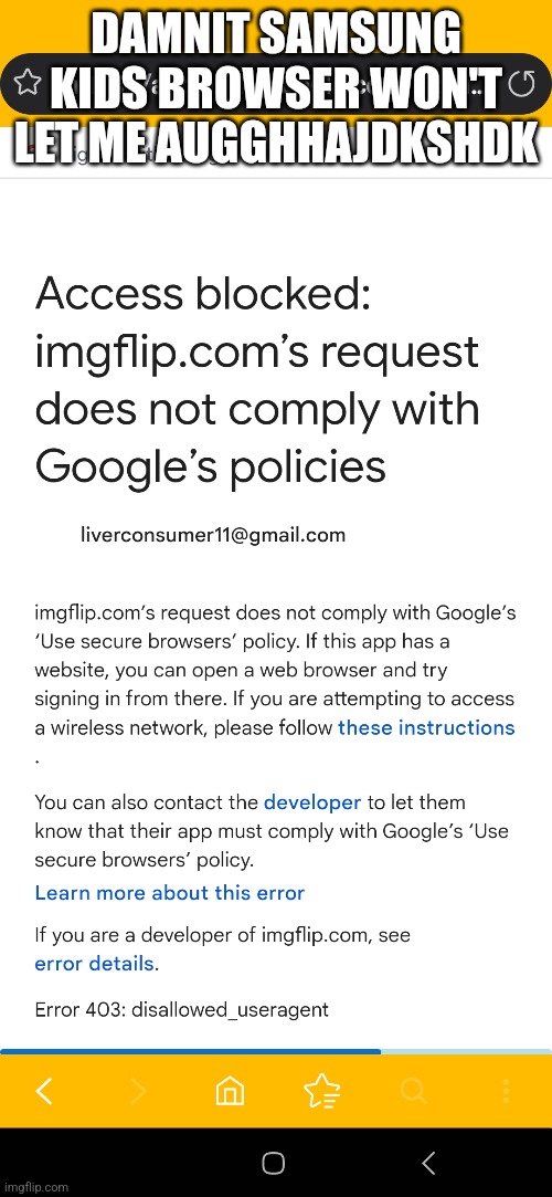 DAMNIT SAMSUNG KIDS BROWSER WON'T LET ME AUGGHHAJDKSHDK | made w/ Imgflip meme maker