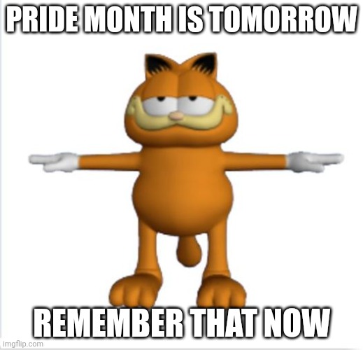 garfield t-pose | PRIDE MONTH IS TOMORROW; REMEMBER THAT NOW | image tagged in garfield t-pose | made w/ Imgflip meme maker