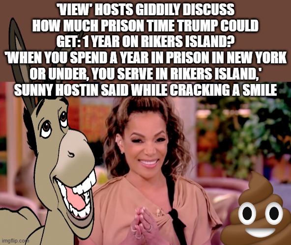 'VIEW' HOSTS GIDDILY DISCUSS HOW MUCH PRISON TIME TRUMP COULD GET: 1 YEAR ON RIKERS ISLAND?
'WHEN YOU SPEND A YEAR IN PRISON IN NEW YORK OR UNDER, YOU SERVE IN RIKERS ISLAND,' SUNNY HOSTIN SAID WHILE CRACKING A SMILE | made w/ Imgflip meme maker