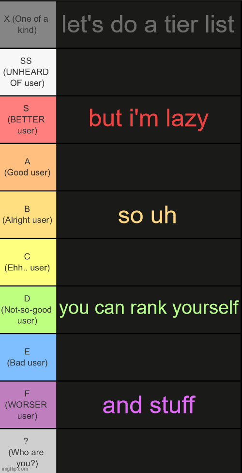tierlist v2 | let's do a tier list; but i'm lazy; so uh; you can rank yourself; and stuff | image tagged in tierlist v2 | made w/ Imgflip meme maker
