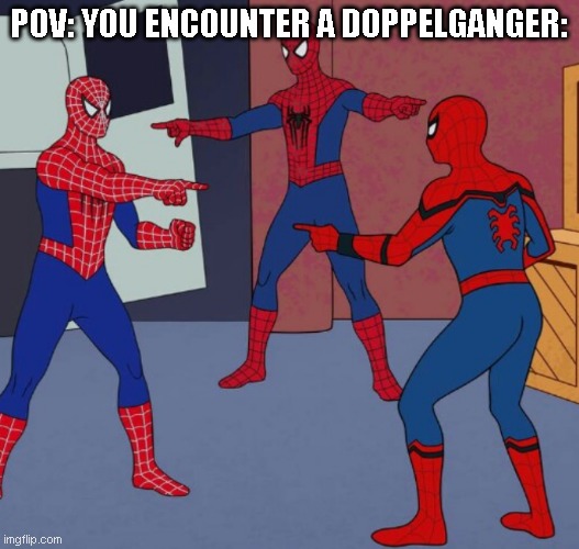 doppelganger moment | POV: YOU ENCOUNTER A DOPPELGANGER: | image tagged in spiderman doppelganger,memes | made w/ Imgflip meme maker