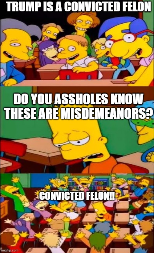 Trump convicted | TRUMP IS A CONVICTED FELON; DO YOU ASSHOLES KNOW THESE ARE MISDEMEANORS? CONVICTED FELON!! | image tagged in say the line bart simpsons,trump | made w/ Imgflip meme maker