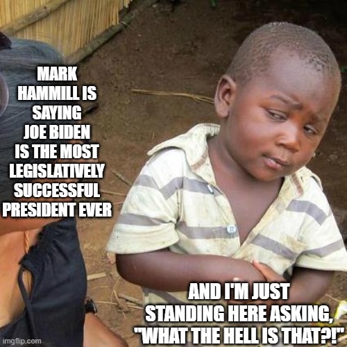 Mark Hammill doesn't Make Sense | MARK HAMMILL IS SAYING JOE BIDEN IS THE MOST LEGISLATIVELY SUCCESSFUL PRESIDENT EVER; AND I'M JUST STANDING HERE ASKING, "WHAT THE HELL IS THAT?!" | image tagged in memes,third world skeptical kid,jeez | made w/ Imgflip meme maker