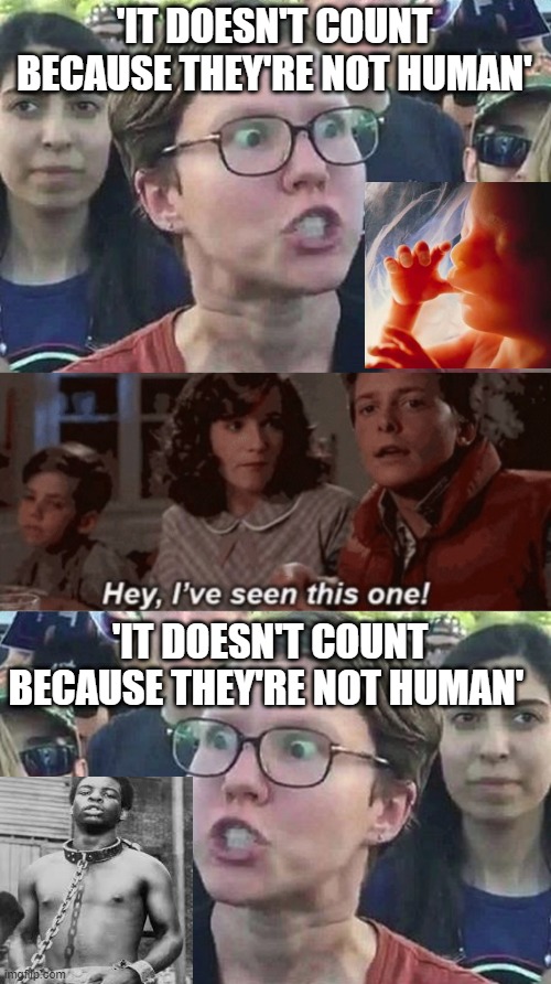 'IT DOESN'T COUNT BECAUSE THEY'RE NOT HUMAN'; 'IT DOESN'T COUNT BECAUSE THEY'RE NOT HUMAN' | image tagged in triggered liberal,hey i've seen this one | made w/ Imgflip meme maker