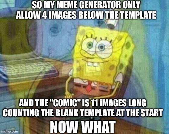 Why | SO MY MEME GENERATOR ONLY ALLOW 4 IMAGES BELOW THE TEMPLATE; AND THE "COMIC" IS 11 IMAGES LONG COUNTING THE BLANK TEMPLATE AT THE START; NOW WHAT | image tagged in spongebob panic inside | made w/ Imgflip meme maker
