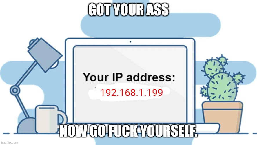 ip address | GOT YOUR ASS; 192.168.1.199; NOW GO FUCK YOURSELF. | image tagged in ip address | made w/ Imgflip meme maker