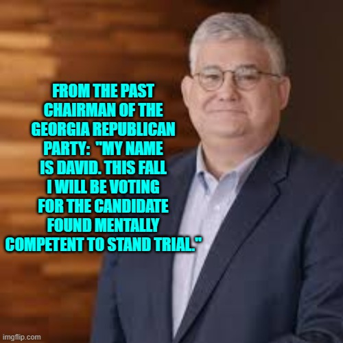 So will most other people, David. | FROM THE PAST CHAIRMAN OF THE GEORGIA REPUBLICAN PARTY:  "MY NAME IS DAVID. THIS FALL I WILL BE VOTING FOR THE CANDIDATE FOUND MENTALLY COMPETENT TO STAND TRIAL." | image tagged in yep | made w/ Imgflip meme maker
