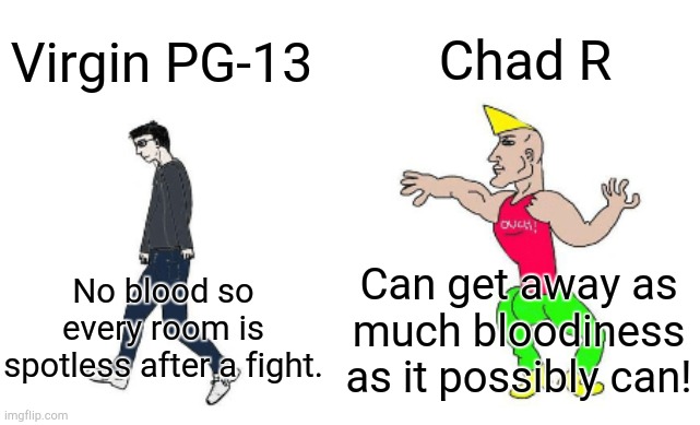 PG13 or R? | Chad R; Virgin PG-13; Can get away as much bloodiness as it possibly can! No blood so every room is spotless after a fight. | image tagged in virgin vs chad | made w/ Imgflip meme maker