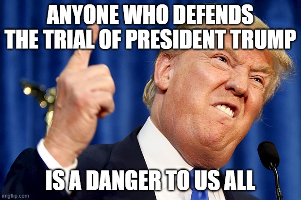 Donald Trump | ANYONE WHO DEFENDS THE TRIAL OF PRESIDENT TRUMP; IS A DANGER TO US ALL | image tagged in donald trump | made w/ Imgflip meme maker