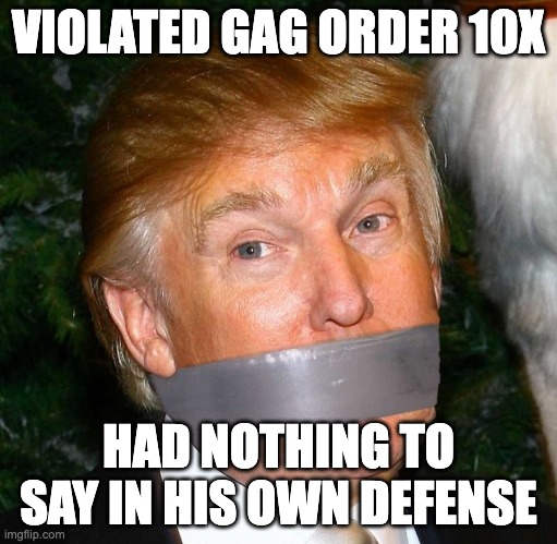 TFG, NODEFENSE | VIOLATED GAG ORDER 10X; HAD NOTHING TO SAY IN HIS OWN DEFENSE | image tagged in trump duct tape mouth | made w/ Imgflip meme maker