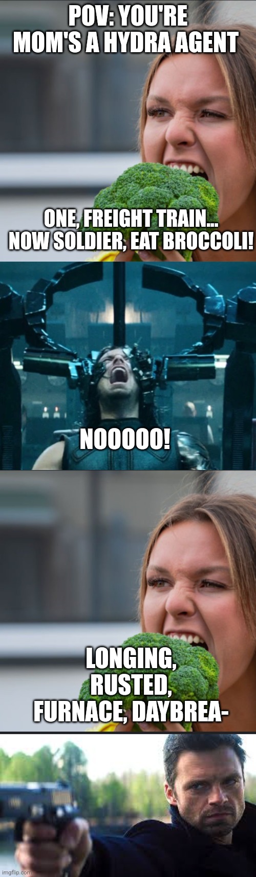 Bucky vs Mom | POV: YOU'RE MOM'S A HYDRA AGENT; ONE, FREIGHT TRAIN...
NOW SOLDIER, EAT BROCCOLI! NOOOOO! LONGING, RUSTED, FURNACE, DAYBREA- | image tagged in marvel,winter soldier,broccoli | made w/ Imgflip meme maker