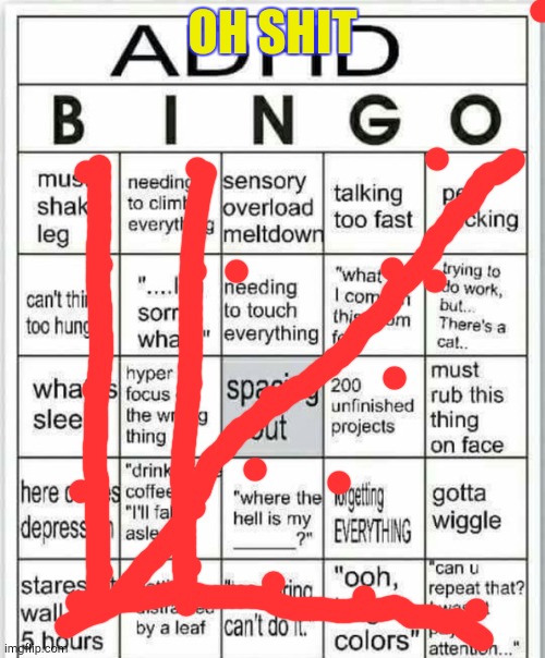 adhd bingo | OH SHIT | image tagged in adhd bingo | made w/ Imgflip meme maker