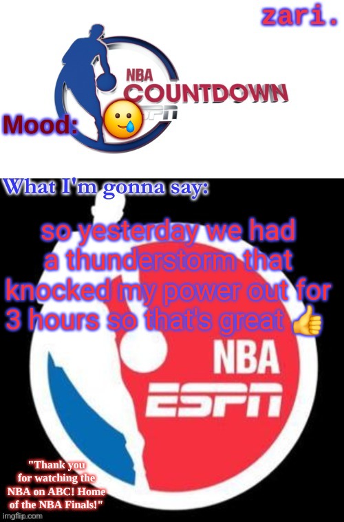 zari.'s NBA on ESPN temp | 🥲; so yesterday we had a thunderstorm that knocked my power out for 3 hours so that's great 👍 | image tagged in zari 's nba on espn temp | made w/ Imgflip meme maker