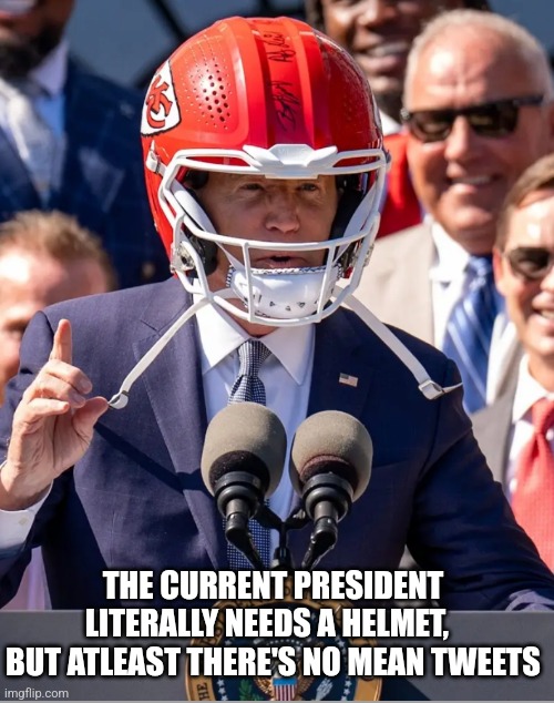 THE CURRENT PRESIDENT LITERALLY NEEDS A HELMET,  
BUT ATLEAST THERE'S NO MEAN TWEETS | image tagged in funny memes | made w/ Imgflip meme maker